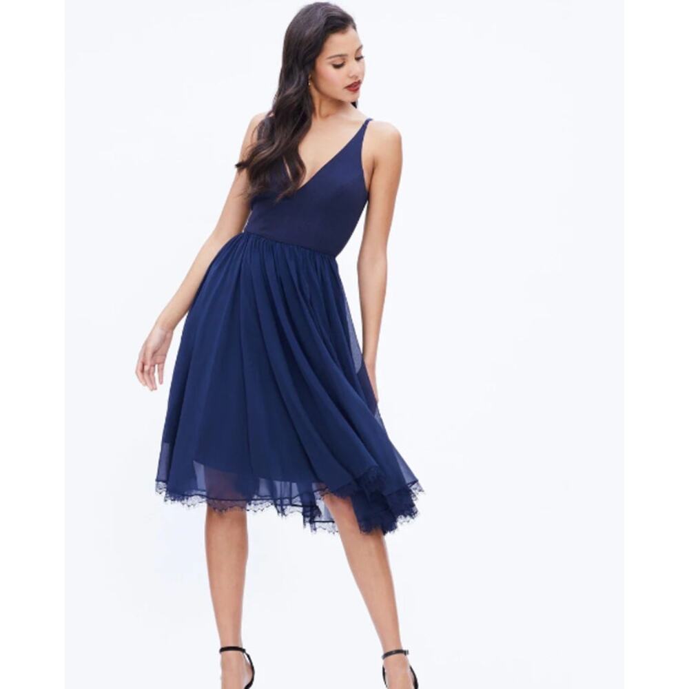 Dress the Population Alicia Mixed Media Midi Dress Navy Blue Size XS Wedding